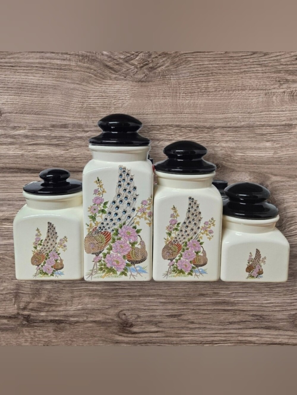Vintage Ceramic Peacock Kitchen Canister Set of 4 Chinoiserie Cream Storage Jars